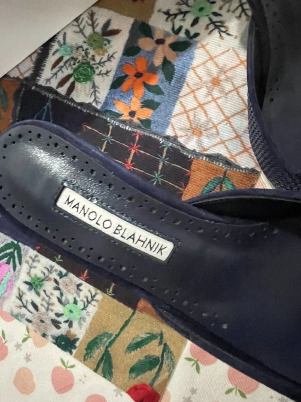 Manolo Blahnik Navy Woven Square-Buckle Mule Heels